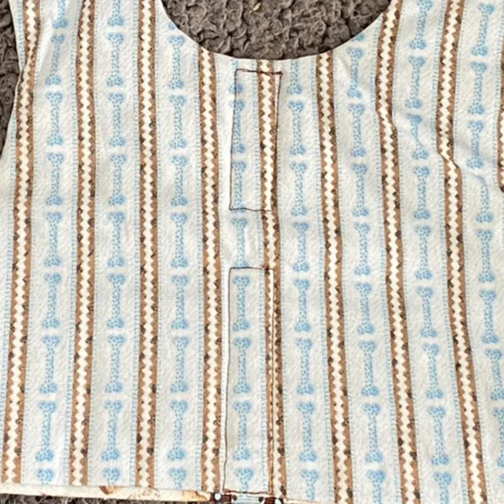 NEW- Dog HARNESS in LIGHT BLUE W- BROWN dog items in print- handmade